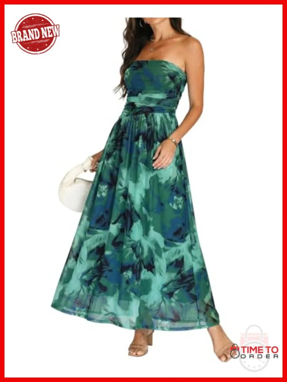 Mesh Strapless Floral Maxi Dress Wedding Guest Fit and Flare Formal